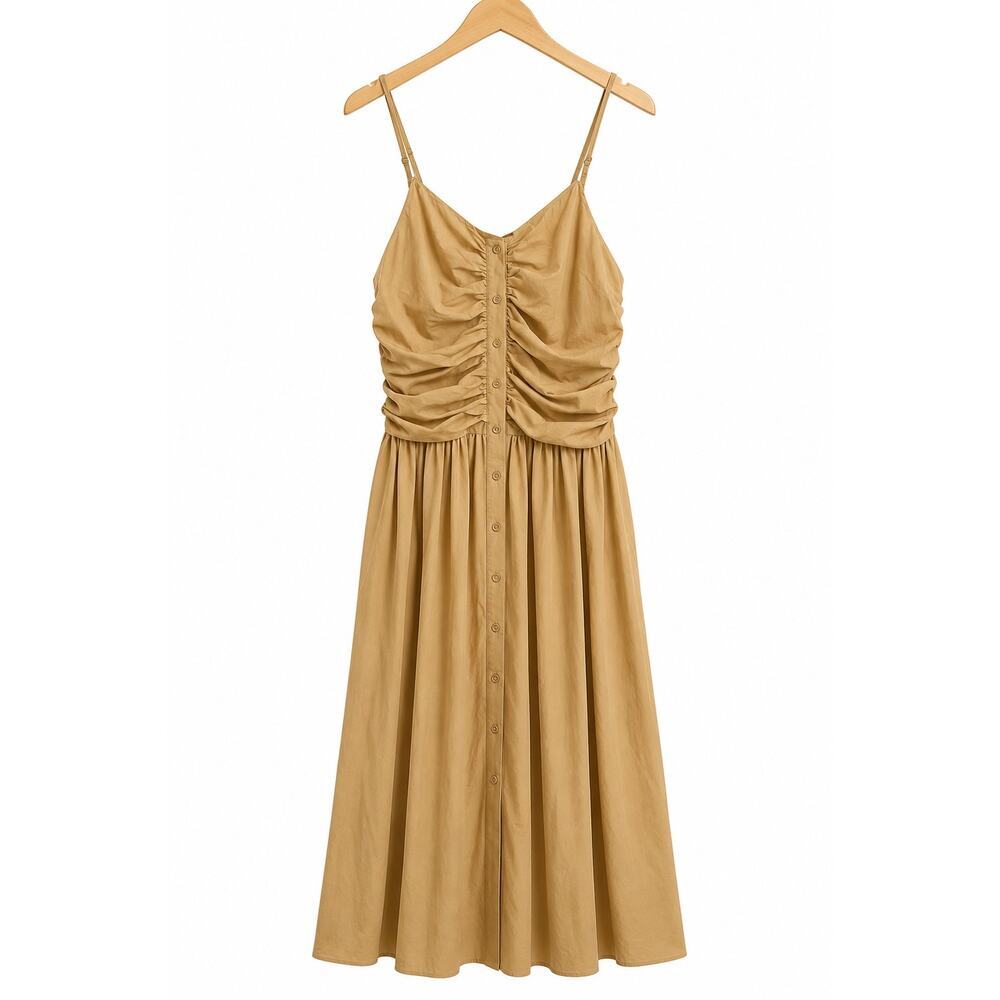 Future Collective NWT Tan Ruched Midi Dress Medium Cottagecore Boho Sundress